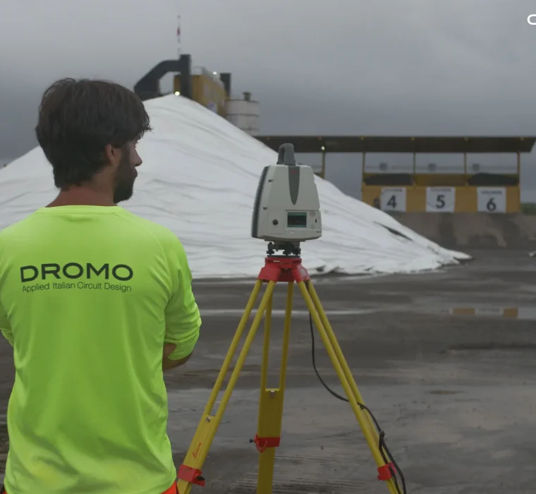 Topógrafo de Dromo utilizando una estación total en el circuito de Mandalika