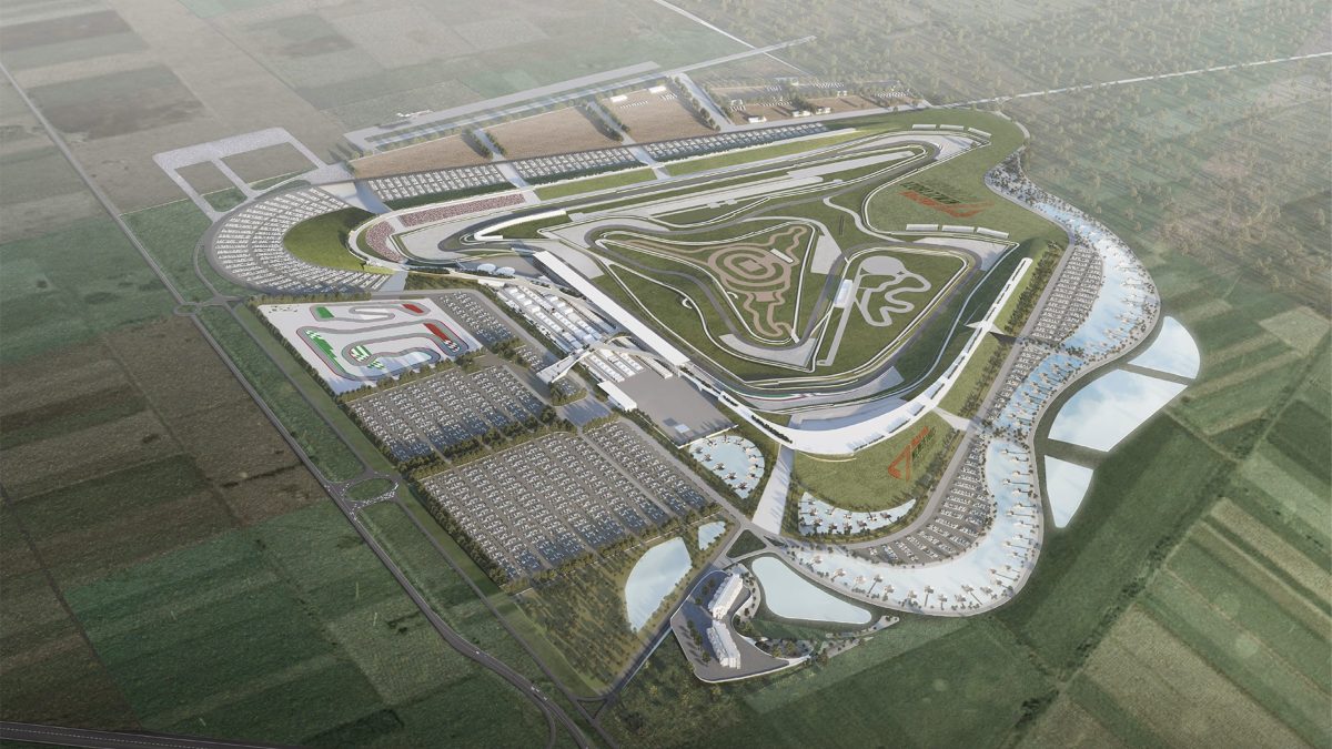 Aerial Dromo masterplan rendering for the unbuilt Hajdúnánás motorsport complex