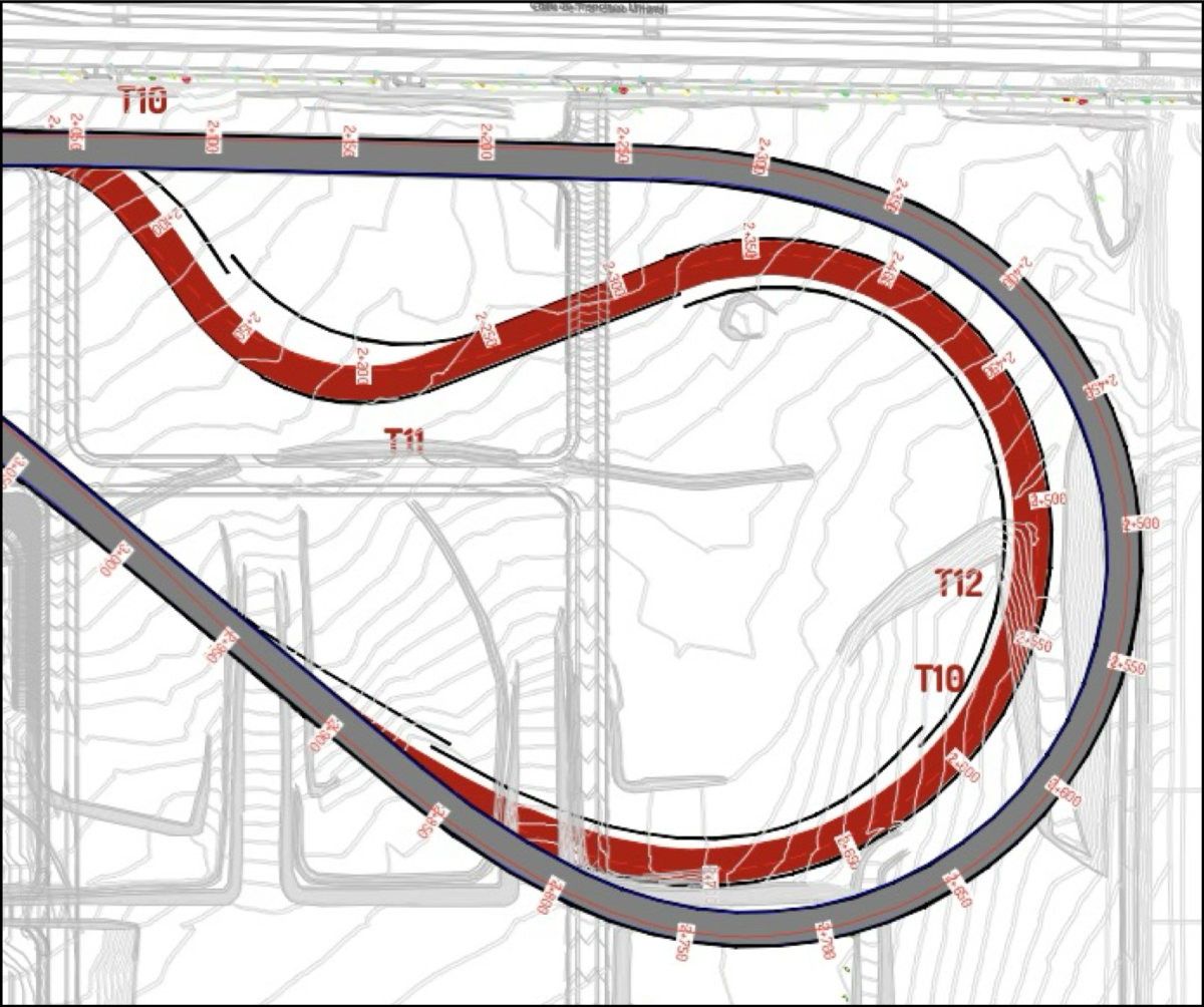 Comparaison des plans de l'approche initiale La Monumental en gris et de la séquence Dromo version 16.03 en rouge